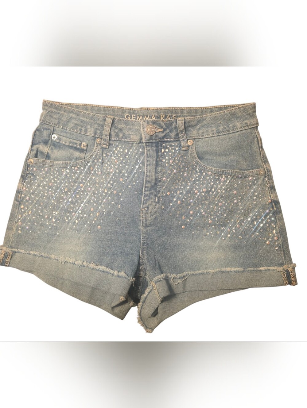 Gemma Rae Light Blue Rhinestone High-waist Denim Shorts Size 7/28